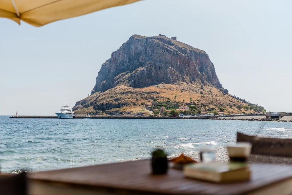 Scenic view of the Monemvasia rock and sea from Hotel Filoxenia cafe terrace